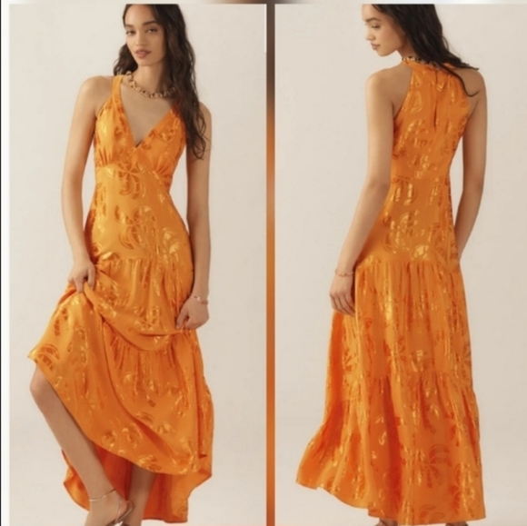 Farm Rio Orange V Neck Tiered Maxixress - Picture 1 of 2